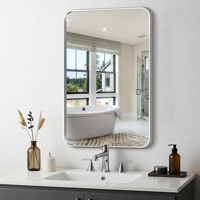 Delma Bathroom Vanity Mirror, Silver Framed Mirror for Over Sink, 30x20 | HD glass, distortion-free for makeup and grooming, Sturdy frame, all mounting hardware, hangs horizontal or vertical