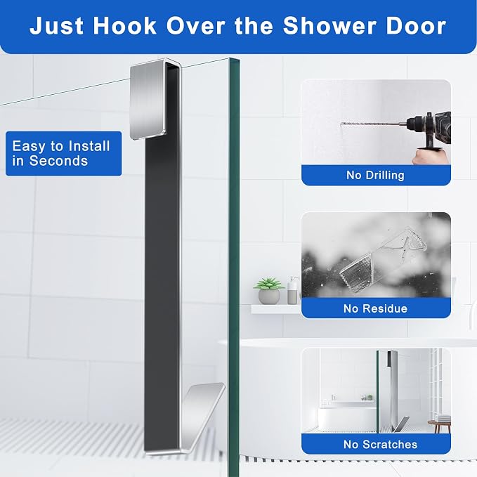 Shower Door Hooks 10 in, Shower Hooks for Towels, Heavy Duty Drilling-Free Extended Towel Hooks for Bathroom Frameless Glass Door, Over The Door Towel Hooks 3 Packs Silver