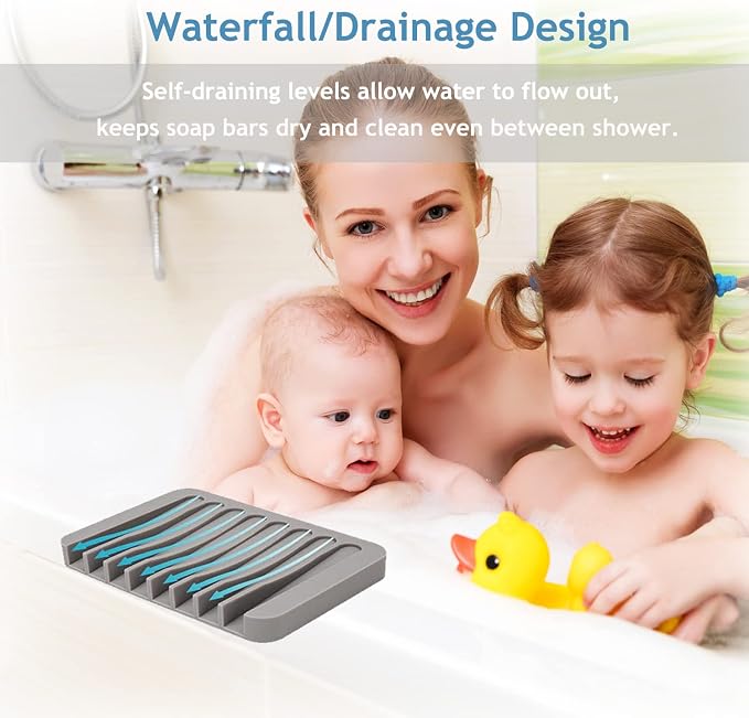 Self Draining Soap Dishes, 3 Pcs Silicone Waterfall Drainer Soap Holder for Bathroom, Extend Soap Life Keep Dry Clean & Easy Cleaning (Black, White, Gray)