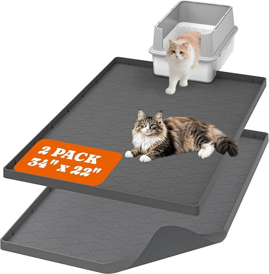 Pawtners Silicone Cat Litter Mat 34 x 22 in, Easy to Clean, Gray, 2 Pack | Non-Slip Kitty Litter Mat for Floor, Waterproof & Urine-Proof Cat Litter Mat Litter Trapping Mat, Soft on Kitty Paws
