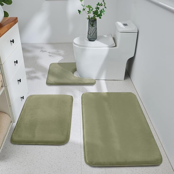 HUXMEYSON 3-Piece Memory Foam Bathroom Rug Set, Olive Green | Quick Dry Velvet Surface, Non-Slip & PVC Backing, Ultra Soft Bath Rugs for Bathroom, 17"x24"+20"x32"+U Shape 20"x24"