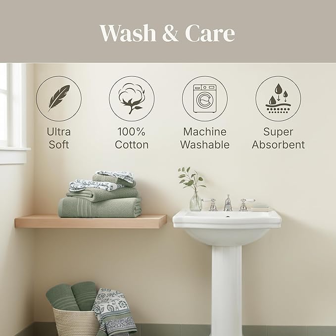 Modern Threads 6 Piece Bath Towel Set – Bathroom Set with 2 Bath Towels, 2 Hand Towels, and 2 Wash Cloths – 100% Cotton, Super Absorbent & Extra Soft – Reversible Floral Trail (Sage Green)