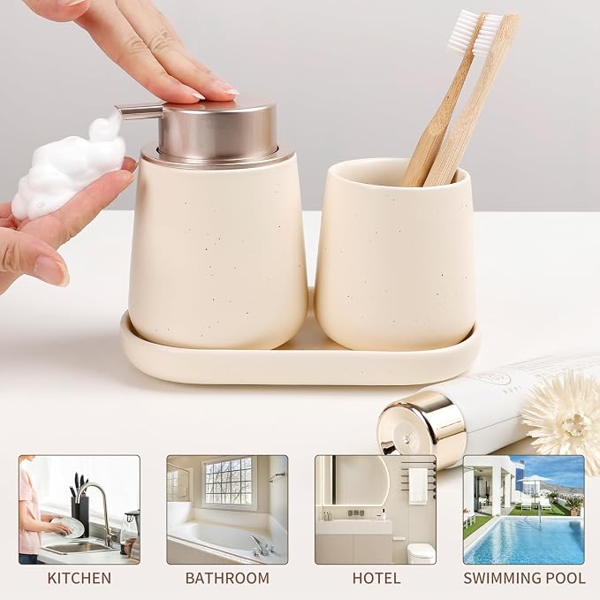 BosilunLife Ceramic Bathroom Accessories Set 3 Pcs | Foaming Soap Dispenser and Toothbrush Holder with Tray, Modern Farmhouse Vanity Decor, Apricot Housewarming Gift