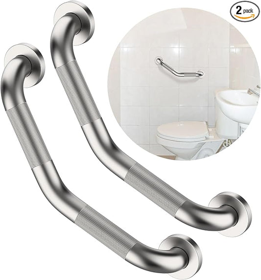16 Inch Angled Grab Bar 2 Pack, ZUEXT Anti Slip Shower Grab Bar, Brushed Nickel Stainless Steel Knurled Bathroom Balance Bar, Safety Handrail Support,Handicap Elderly Injury Senior Assist Bath Handle