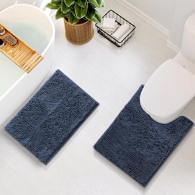 Hearth & Harbor Bathroom Rugs, Chenille Bath Mat - Machine Washable Bath Mats for Bathroom Non-Slip Backing Rubber, Quick Dry Bathroom Mat - Navy Blue 17x24-20x24