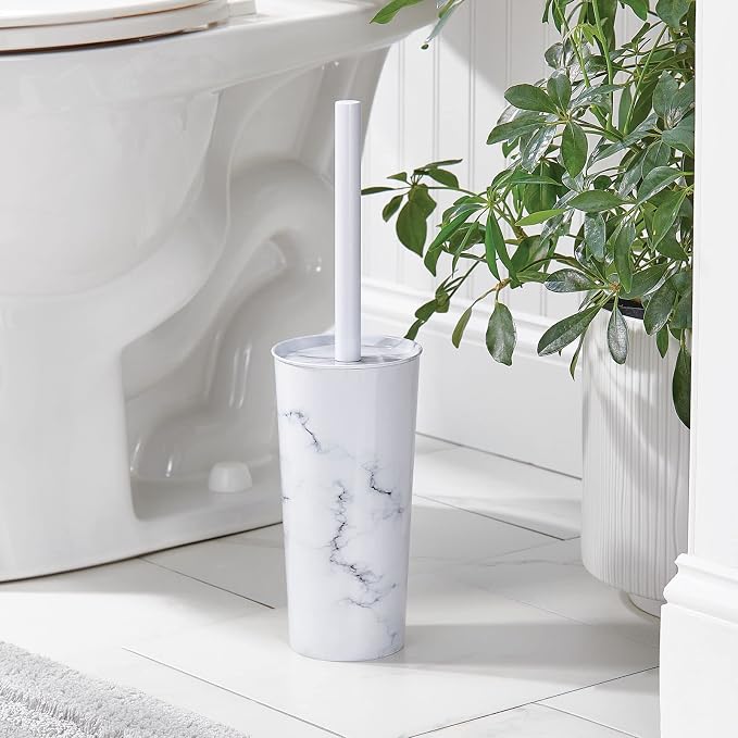 mDesign Stainless Steel Toilet Bowl Brush and Holder Set, Modern Metal Compact Storage Organizer Cleaner Scrubber for Toilet - Heavy Duty Cleaning Plunger for Bathroom, Mirri Collection, White Marble