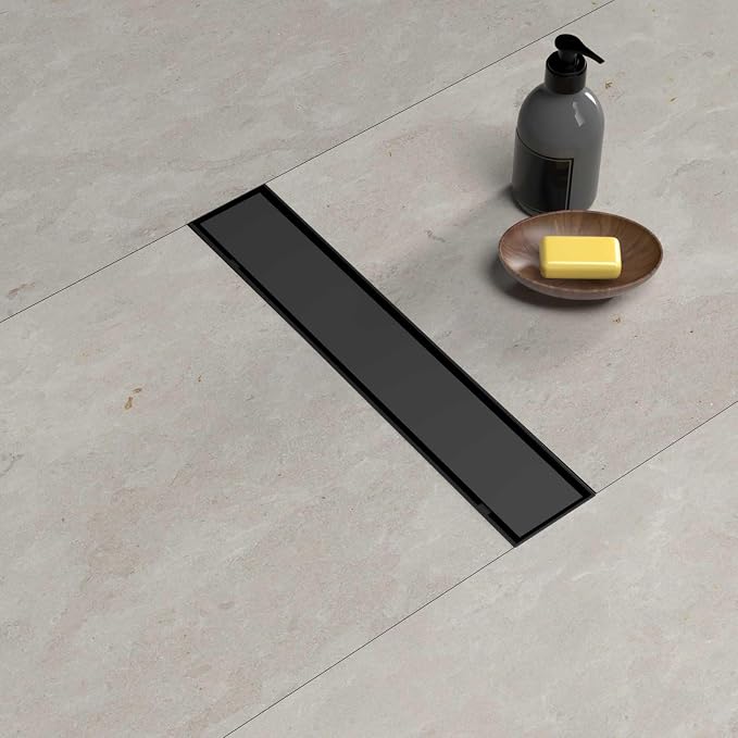 BARONAGE 12 Inch Linear Shower Drain, Reversible Tile Insert, Matte Black | 304 Stainless Steel Linear Drains, Rustproof, Hair Catcher, Rectangle Shower Floor Drain With Leveling Feet For Bathroom
