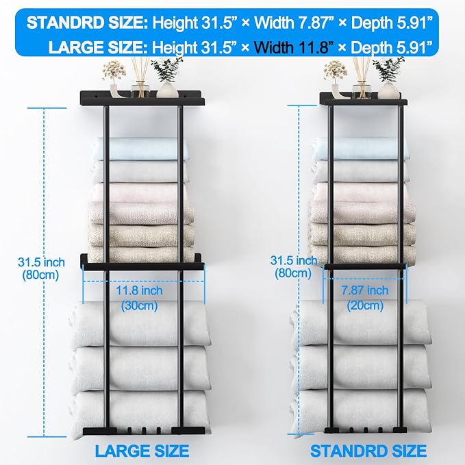 Towel Rack for Bathroom, Wall Mounted Vertical Rolled Towel Storage Organizer Holder with Shelf, Holds Up 6 Large Bath Sheets, Black Large Size