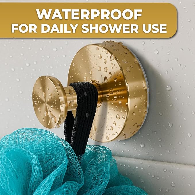 Suction Cup Shower Hooks 2 Pcs - Gold Shower Hooks, Quick-Mount Rustproof Gold , Kitchen, Glass Door, Mirror, Tile, Removable Suction Towel Hook That Holds up to 11Lbs for Loofah, Bath Robe, Towel