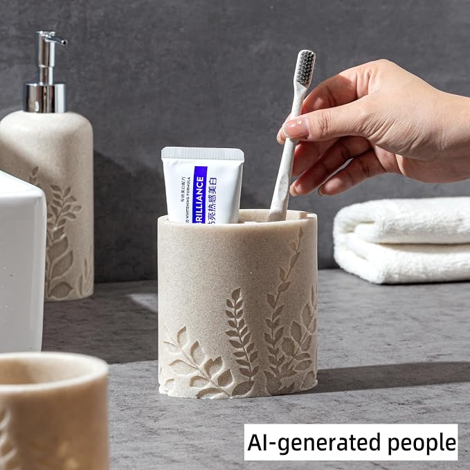 Bathroom Accessories Set, 4 PCS, Sandstone Look Leaf Beach Style | Modern,Minimalist,With Soap Dispenser 13.19 OZ, Toothbrush Holder, Tumbler, Soap Dish, Bathroom Countertop Organizer