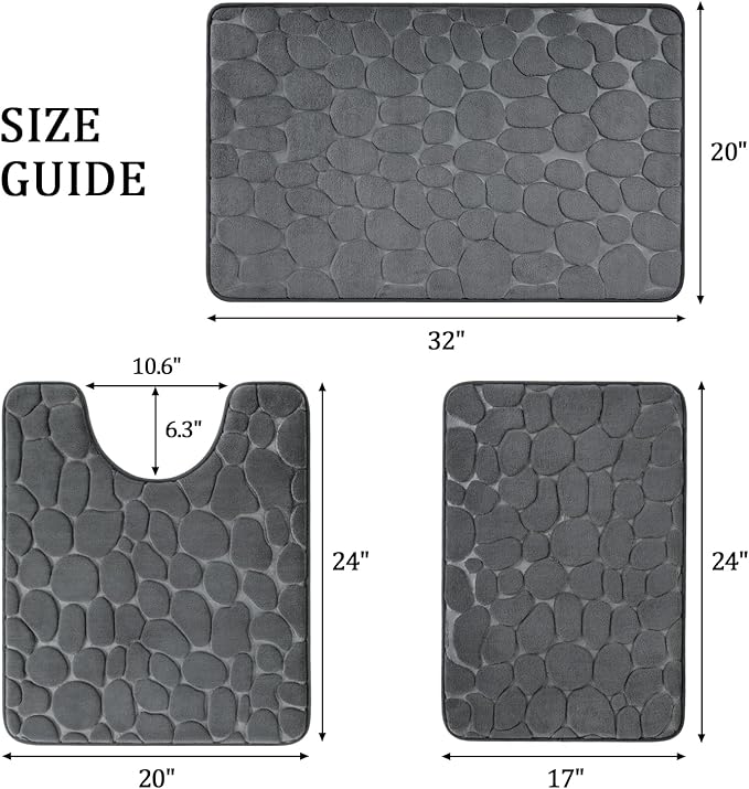 YIHOUSE Bathroom Rugs Mat Set, Memory Foam Bath Mat 3 Piece Dark Grey | U Shape+Small Mat, Non Slip, Water Absorbent, Washable, Bath Mat For Bathroom, Sink and Toilet