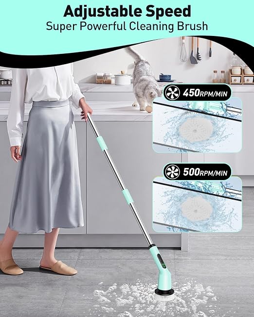 Electric Spin Scrubber for Bathroom, Shower Scrubber with Long Handle | Shower Cleaner Brushes, IPX7 Waterproof & 2 Speed, 8 Brush Heads, 90min Runtime, Bathroom Cleaning Supplies for Toilet Tub