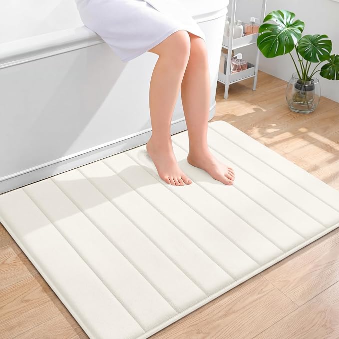 OLANLY Memory Foam Large Bath Mat 40x32, Super Soft Absorbent Bathroom Rugs | Ivory, Quick Dry Bath Rug, Machine Washable Shower Floor Mats, Bathmat Carpet for Bathroom Floor, Tub and Shower