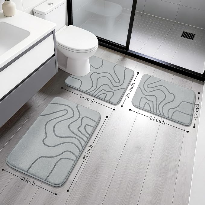 YIHOUSE Memory Foam Bathroom Rugs Sets 3 Piece, Ultra Soft Bath Mat, Grey | Ultra Soft, Extra Thick Bath Mat, Absorbent, Non-Slip, Machine Washable, For Tub, Shower & Home Decor Accessories