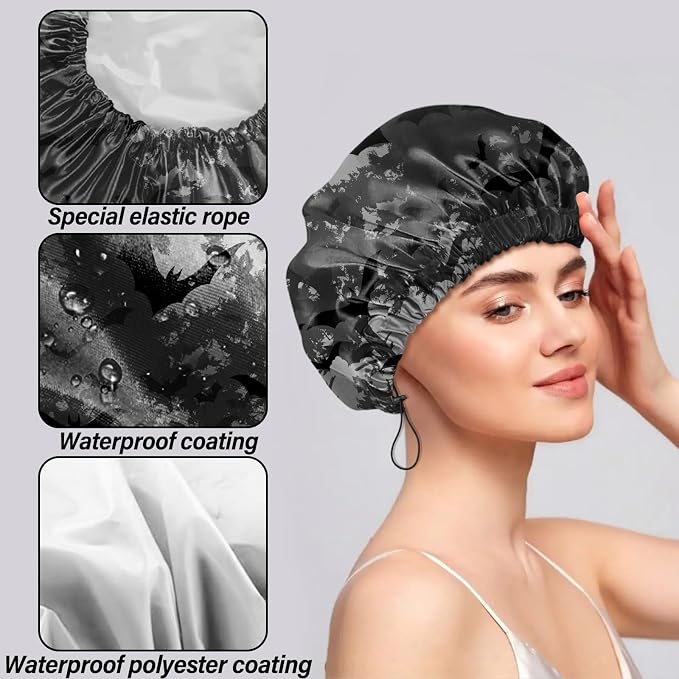 2 PCS Shower Cap Reusable Waterproof Double Layers Hair Caps Shower Bath Adjustable Elastic Hat for Women Girls Cute Aesthetic-Bat