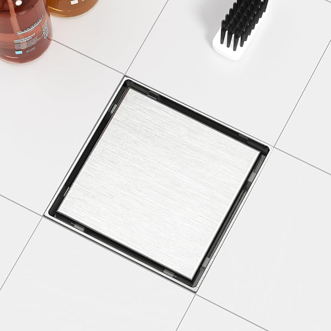 Neodrain Square Shower Drain with Removable Tile Insert Grate,304 Stainless Steel, CUPC Certified, Includes Hair Strainer (Brushed, 6 in)