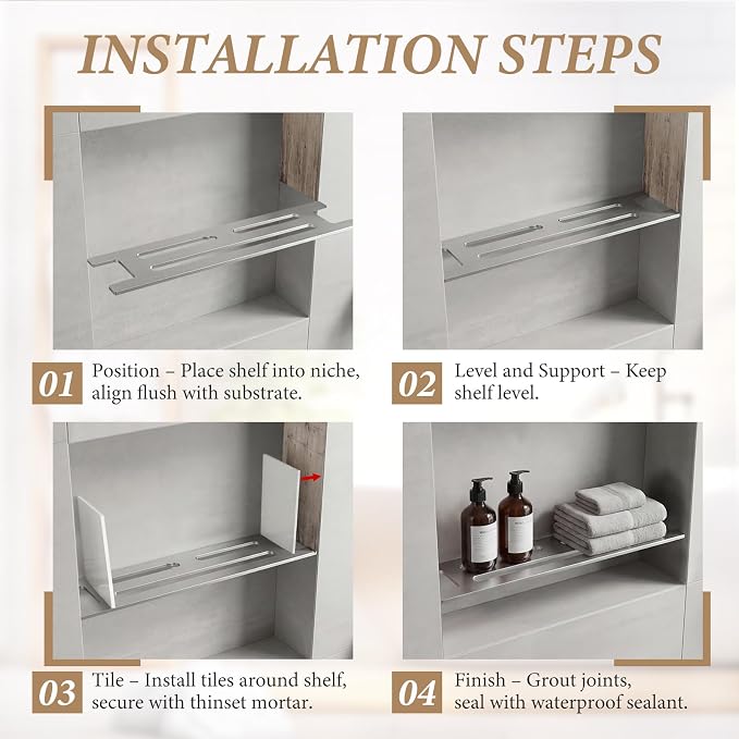 Teenyyou 2 Pcs 316 Stainless Steel Shower Niche Shelf Insert - 3mm Ultra-Thin Brushed Metal Divider for 12" Prefabricated Niches, Marine Grade Floating Shelf for Bathroom Tile Remodel & Storage