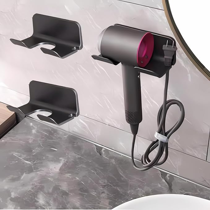2-Pack Universal Hair Dryer Holder, Self Adhesive Wall Mount, Black | Universal storage rack fits most brand blow dryers, ideal for bathroom organization