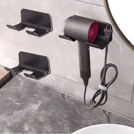 2-Pack Universal Hair Dryer Holder, Self Adhesive Wall Mount, Black | Universal storage rack fits most brand blow dryers, ideal for bathroom organization
