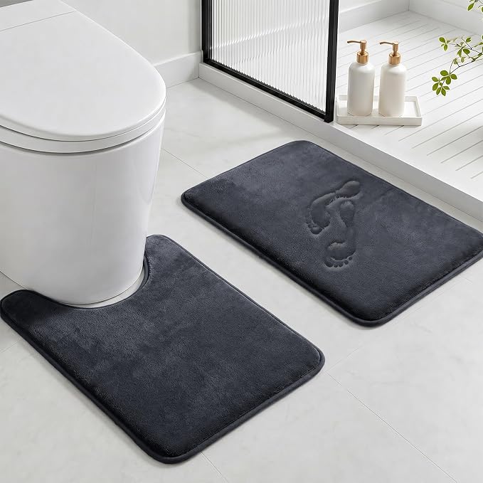 Bathroom Rugs Sets 2 Piece, Non-Slip & Quick Dry Bath Mat Set, Ultra Soft Velvet Bath Rugs for Bathroom, Toilet and Shower Floor, Dark Grey