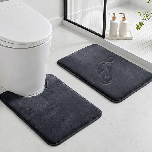 Bathroom Rugs Sets 2 Piece, Non-Slip & Quick Dry Bath Mat Set, Ultra Soft Velvet Bath Rugs for Bathroom, Toilet and Shower Floor, Dark Grey
