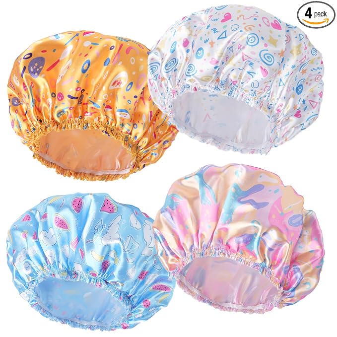Shower Caps for Women, 4 PCS Reusable Waterproof Bath Cap | Double Layer, Washable, Wide Elastic Band, Holds Long Hair, Caps for Bath Accessories, Spa, Travel Home - Watermelon