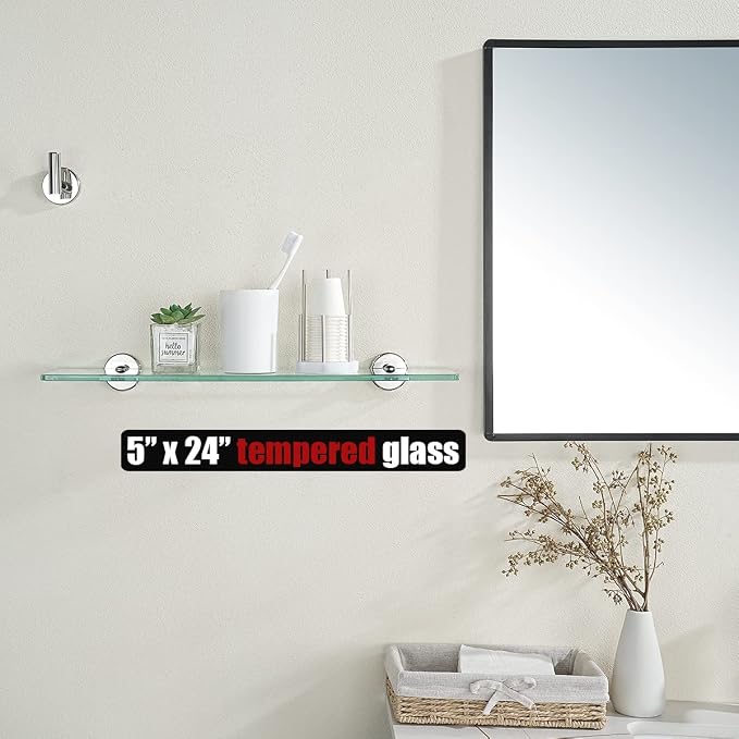 JQK Bathroom Glass Shelf Chrome, Tempered Glass Shower Storage 24 by 5 inches, 304 Stainless Steel Polished Chrome Wall Mount, TGS101L24-CH