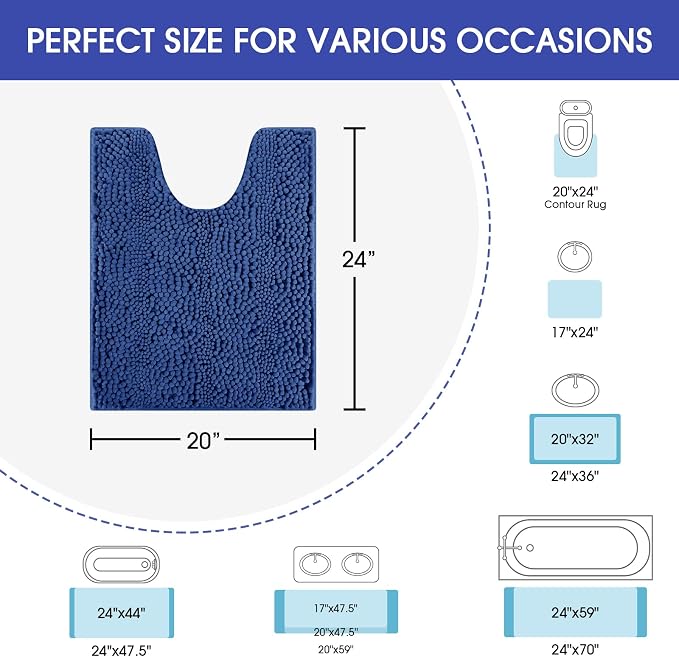 ACCUMTEK Striped Denim Blue Toilet Bathroom Rug Mat 24" x 20" Contour Rug Ultra Soft, Non Slip Chenille Bath Rugs, Absorbent Plush Shaggy Bath Mats for Bathroom, Bedroom, Kitchen, Shower, Tub