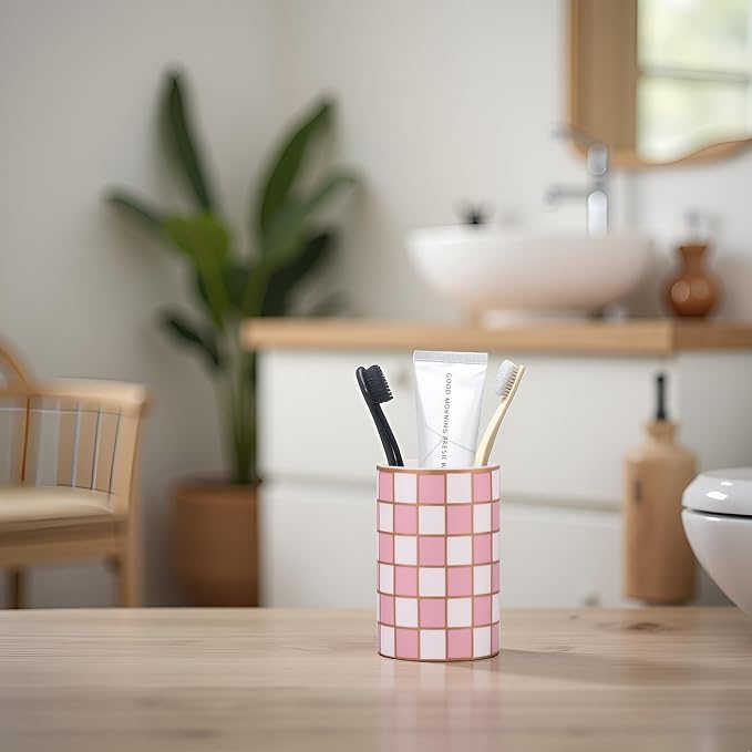 Checkered Bathroom Toothbrush Holder, Bathroom Black and White Ceramic Toothbrush Holder, Modern Toothbrush Box, Used for Bathroom countertop Storage Rack, Checkered Bathroom Decoration (Pink)