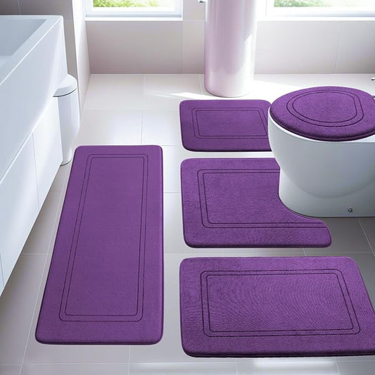 YIHOUSE Purple Memory Foam Bathroom Rug Set - 5 Piece Non Slip Bath Mats, Absorbent & Quick Drying for Bathroom Floor