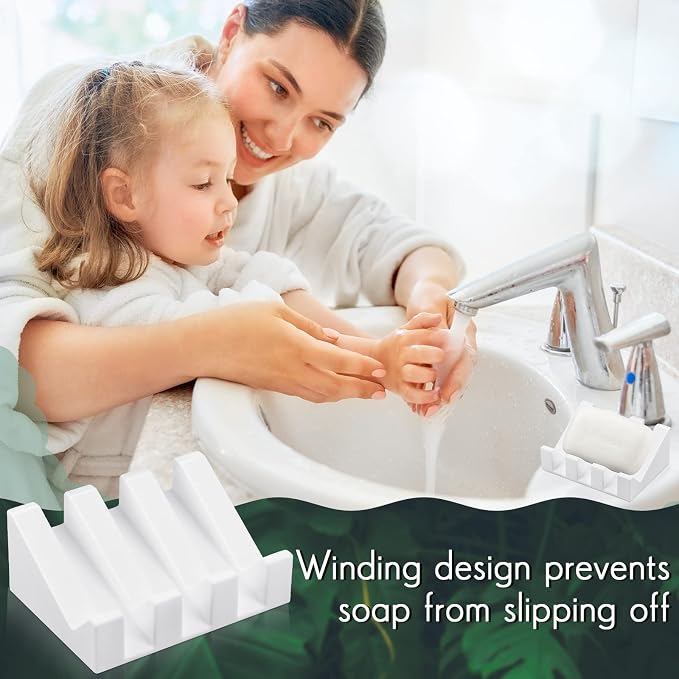 Cunhill 2 Pieces Silicone Soap Dish Self Draining Soap Dish Shower Waterfall Bar Soap Holder Tray with Drain Soap Saver for Kitchen Bathroom Accessories (Bright White)