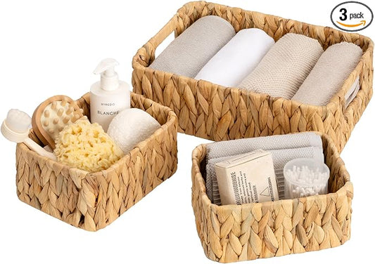 GRANNY SAYS Small Wicker Baskets for Shelves 3 Pack, Wicker Storage Baskets with Handles, Water Hyacinth Woven Basket for Organizing Counter, Toilet, Pantry, Living Room Storage
