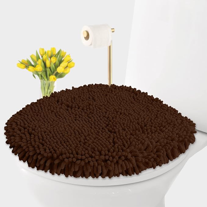 LuxUrux Toilet Lid Cover, Extra-Soft Plush Seat Washable Shaggy Microfiber Standard Toilet Lid Covers for Bathroom Machine Wash & Dry. (18x18 inches, Brown)