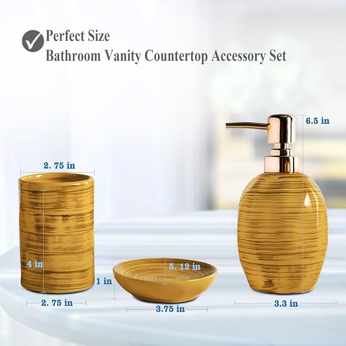 Bathroom Accessories Set, 3 Pcs Marble Look Bath Set Soap Dispenser & Toothbrush Holder Set, Counter Top Restroom Apartment Decor Stuff, Ceramic Kits, Unique Gift, Yellow