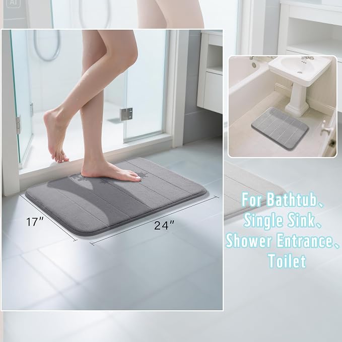 Yimobra Memory Foam Bath Mat, Super Soft Absorbent Bathroom Rug Non Slip, Quick Dry, Machine Washable Floor Carpet for Tub Shower, Home Decor Accessories, 24x17, Grey
