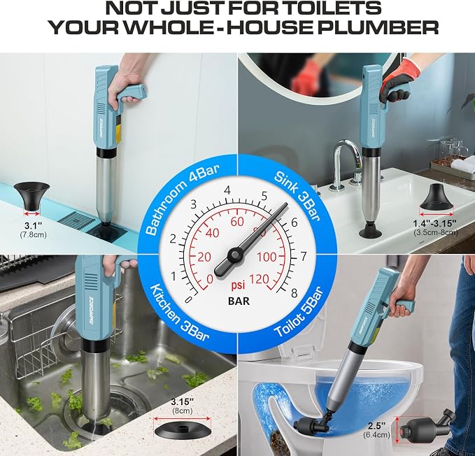 Electric Toilet Plunger, Heavy-Duty Clog Remover, Dusty Blue | High-pressure air plunger for bathrooms. Powerful toilet drain unclogger.
