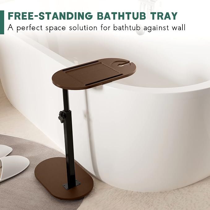 Yumkfoi Bamboo Bathtub Tray Table with Adjustable Height, Freestanding Bath Caddy Side Table for Tub Against Wall, Tub Shelf with Wine Glass Phone Holder, Functional Tray - Patent Protected (Brown)