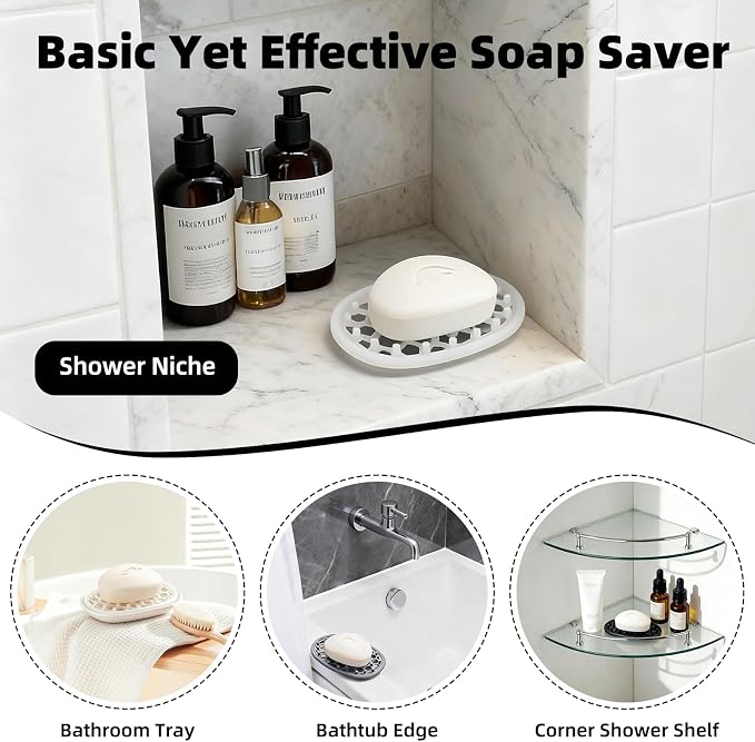 4 Pack Soap Dish for Shower, Non-Slip Silicone Bar Soap Holder with Efficient Drainage Holes for Bathroom Sink, Self Draining Soaps Saver Pad for Shower Niche, Shelf (Translucent- 4Pcs)
