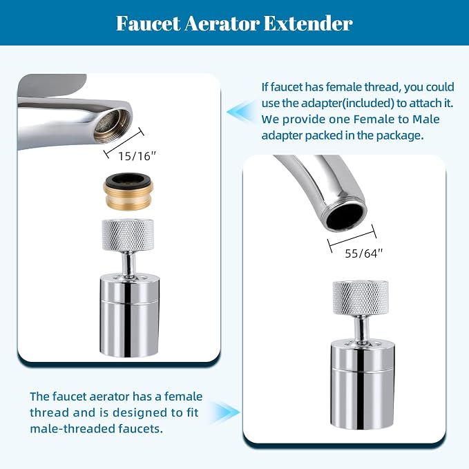 Hibbent NSF/ANSI/CAN 61 Certified Dual-function Faucet Aerator, CUPC Certification Big Angle Rotate Kitchen Sink Aerator 360 Degree Swivel Sink Sprayer Attachment-55/64 Inch Female Thread-Chrome