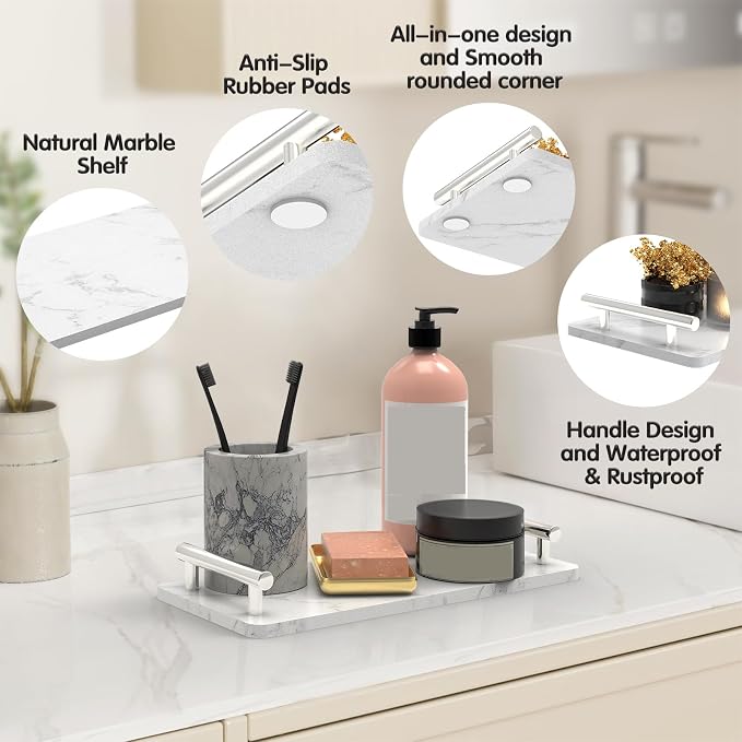 XZHXFX Guest Towel Holder Tray for Bathroom,Marble Slab with Handles - Napkin Holder for Kitchen - Bathroom Tray(Silver,Small)