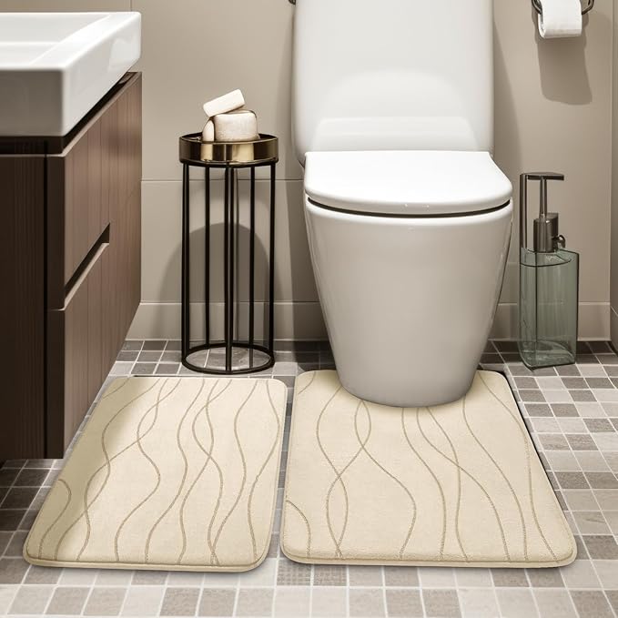 Bathroom Rugs Set 2 Piece, Memory Foam Bath Mat Khaki | U Shaped+Small Mat, Ultra Soft, Absorbent, Non-Slip, Machine Washable, for Bathroom, Sink and Toilet