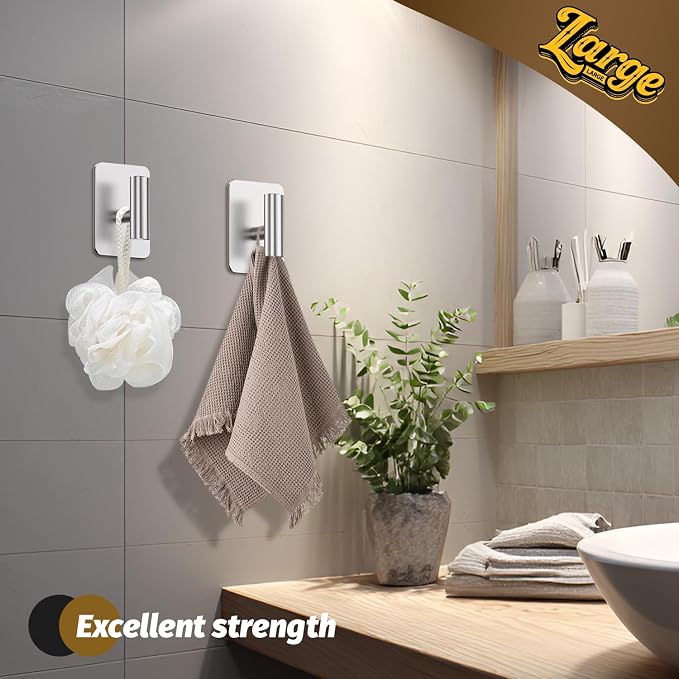 Heavy Duty Adhesive Hooks - 26lb Max, Sticky Wall Hooks Waterproof Stainless Steel for Hanging Towel, Coat, Robe, Towel Hooks Stick on Bathroom, Kitchen, Shower, Door (Silver, 2 Pack)