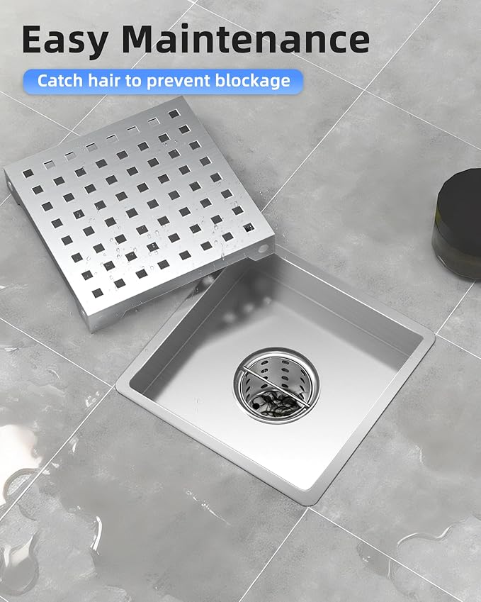 6 Inch Shower Drain, Modern 304 Stainless Steel Square Shower Drain for Bathroom, Brushed Nickel Shower Floor Drain with Grate Removable, Hair Strainer