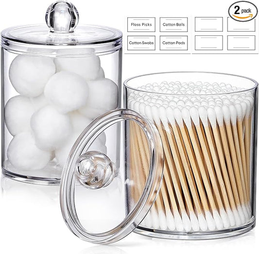 2 Pack Acrylic Qtip Holder Dispenser for Cotton Swabs, Balls, Floss Picks | Thick, Highly Clear, w/ Labels - Small Canister Apothecary Jar Set, Bathroom Decor Essentials, Shelf Vanity Storage Organizer
