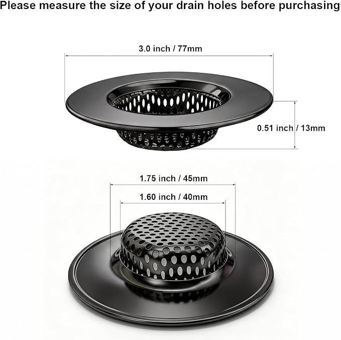 Seatery 1.75" Tub Drain Strainers, Bathtub Drain Hair Catchers, Stainless Steel Drain Filter Cover for Bathroom Laundry Floor Drain, Outer Diameter 3.0 inch, Inner Diameter 1.60 inch, Black