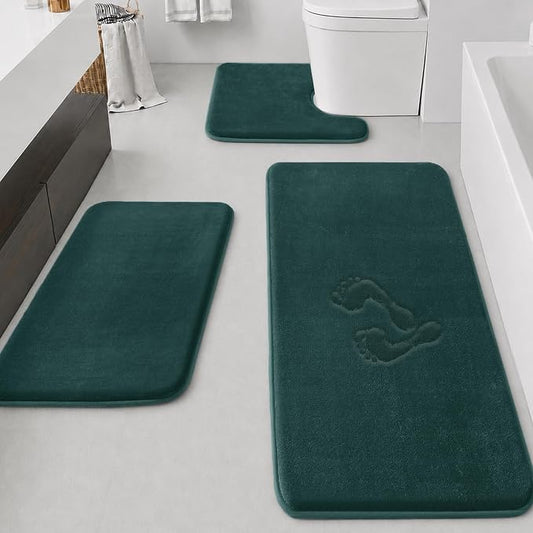 Bathroom Rugs Sets 3 Piece, Non-Slip & Quick Dry Bath Mat Set, Ultra Soft Velvet Bath Rugs for Bathroom, Toilet and Shower Floor, Peacock Blue