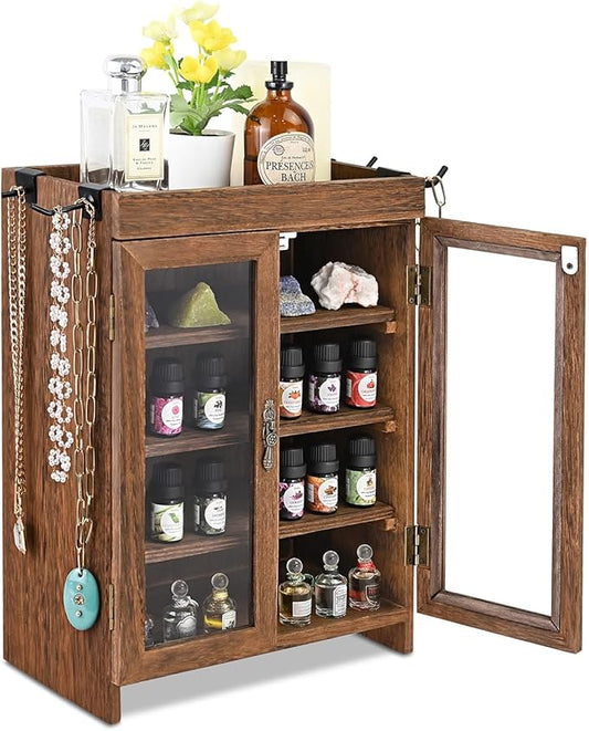 Ikee Design Small Wooden Countertop Storage Cabinet with Adjustable Shelves and Removable Hooks, Perfect for Perfume, Pantry, Essential Oil, 10.4W x 6.1D x 14.4H in, Brown