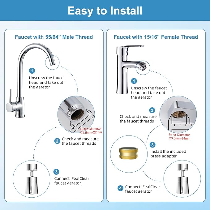 iFealClear Faucet Aerater NSF/ANSI/CAN 372 Certified, 360° Swivel 4 Modes Faucet Sprayer Attachment, 55/64" Big Angle Bathroom & Kitchen Sink Faucet Head, 2 Metal Joints, 15/16" Male Adapter, Chrome