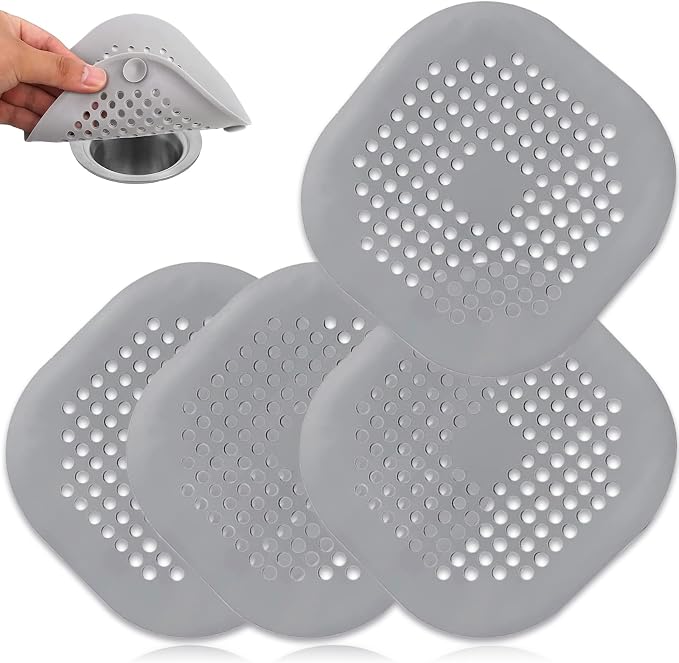 4 Pack Drain Hair Catcher Durable Silicone Hair Stopper Shower Drain Covers Easy to Install and Clean Suit for Bathroom Bathtub and Kitchen (Square Grey 4Pack)