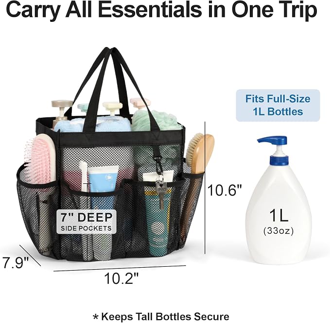 F-color Mesh Shower Caddy Portable, Upgrade Deeper 7 Pockets Shower Bag Basket Tote for College Dorm Room Bathroom Essentials Gym Camp Quick Dry 2 handles with S Hook, 2 Pack Black